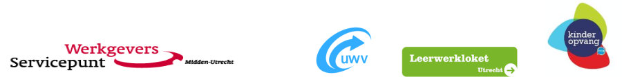 Afbeelding 4 logo's WerkgeversServicepunt, UWV, Leerwerkloket, Kinderopvang