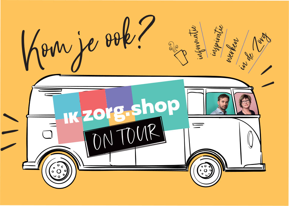 Tekening bus 'Ik zorg shop on tour'.