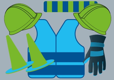 Veiligheidshelm, -vest, handschoenen