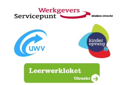 Afbeelding 4 logo's WerkgeversServicepunt, UWV, Leerwerkloket, Kinderopvang